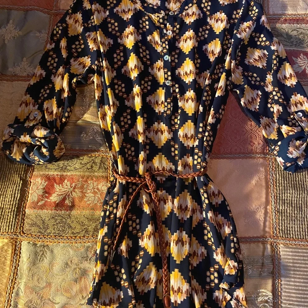 Ladies tunic blouse with belt, blue/gold size xl - Picture 2 of 4